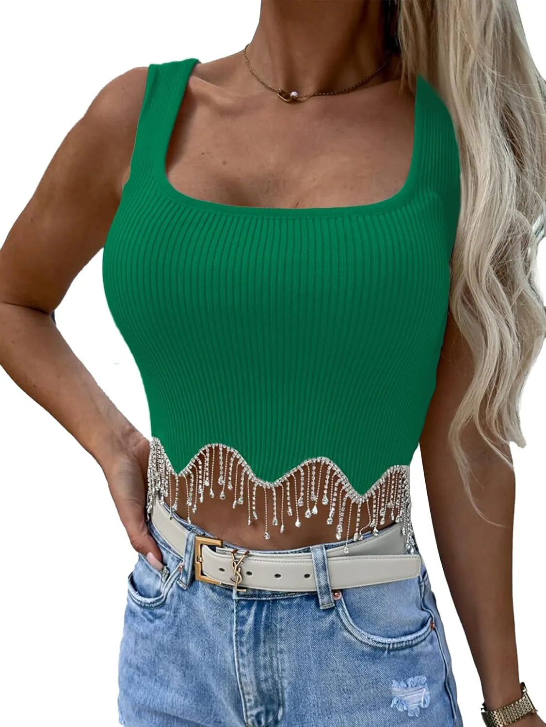 LYANER Women's Rhinestone Fringe Trim Ribbed Knit Square Neck Sleeveless Crop Tank Top