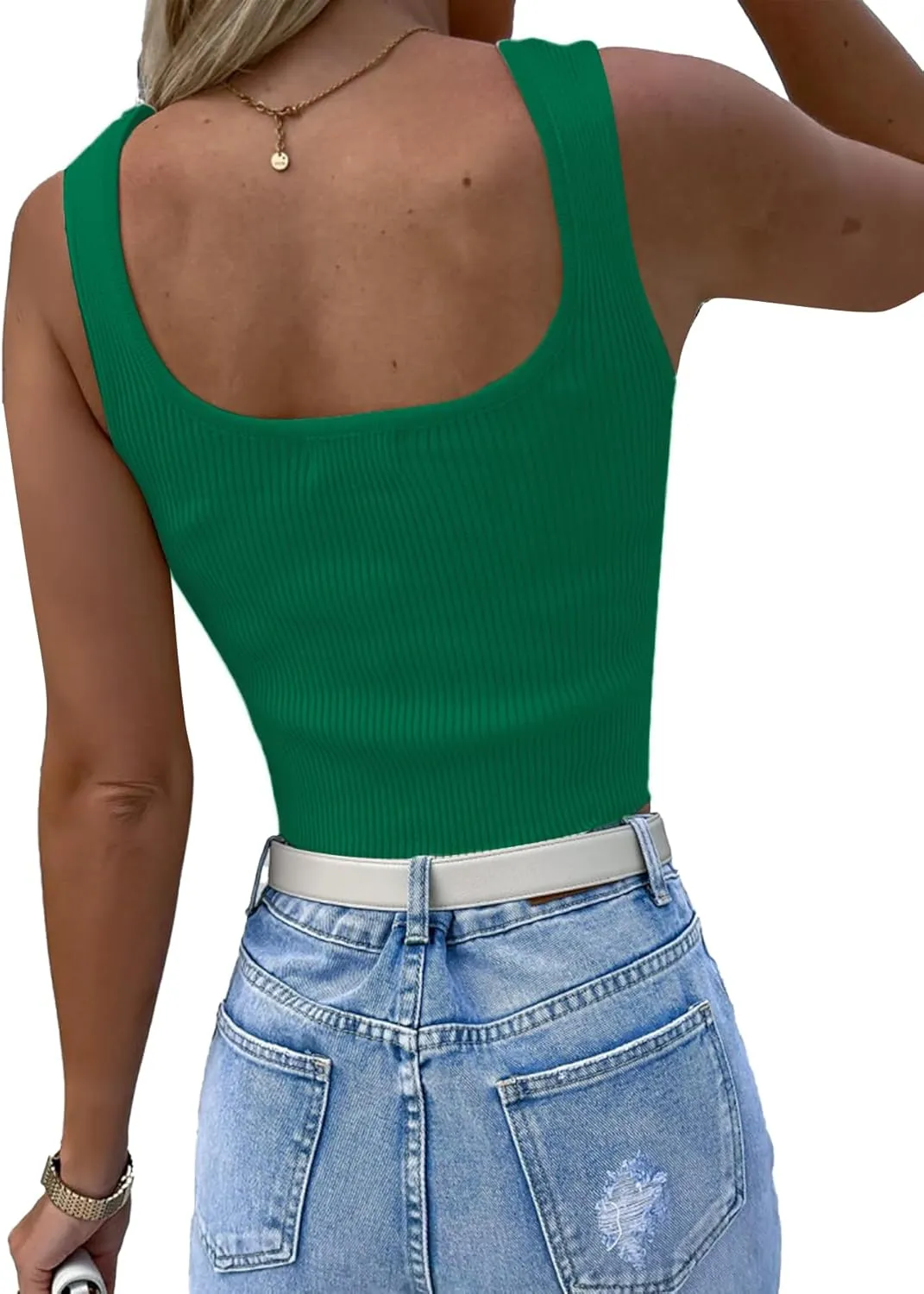 LYANER Women's Rhinestone Fringe Trim Ribbed Knit Square Neck Sleeveless Crop Tank Top