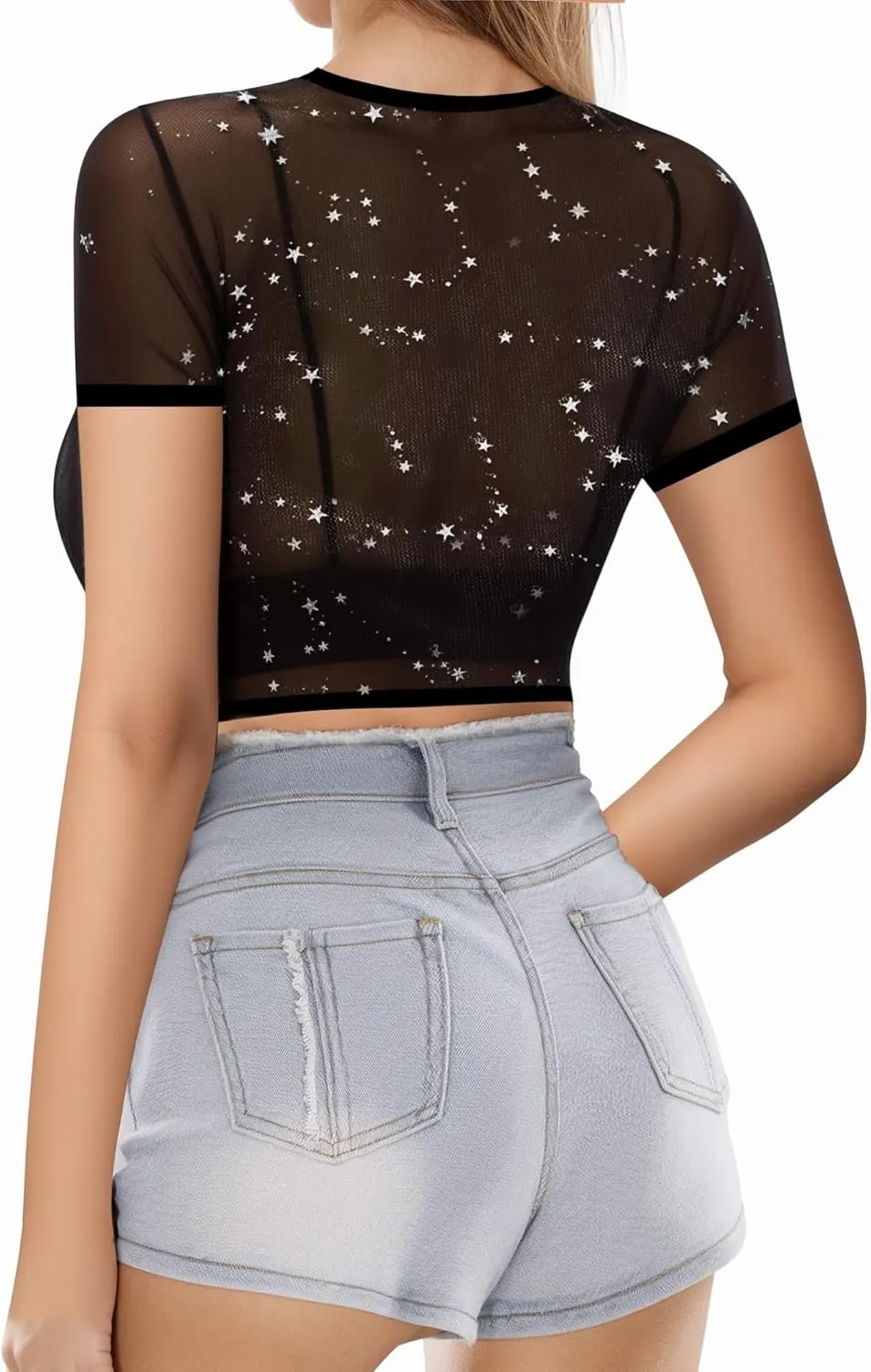 MANGOPOP Women's Short Sleeve Long Sleeve Sheer Mesh Crop Tops Tee Shirt Blouse