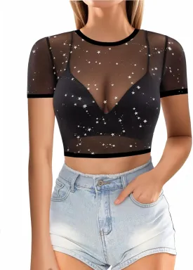 MANGOPOP Women's Short Sleeve Long Sleeve Sheer Mesh Crop Tops Tee Shirt Blouse