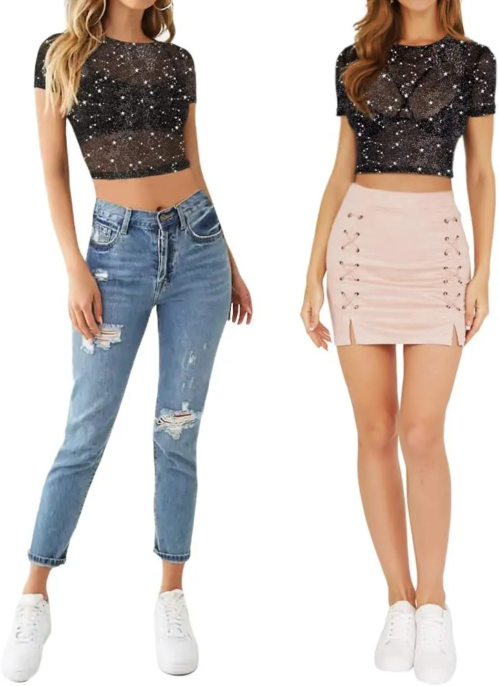 MANGOPOP Women's Short Sleeve Long Sleeve Sheer Mesh Crop Tops Tee Shirt Blouse