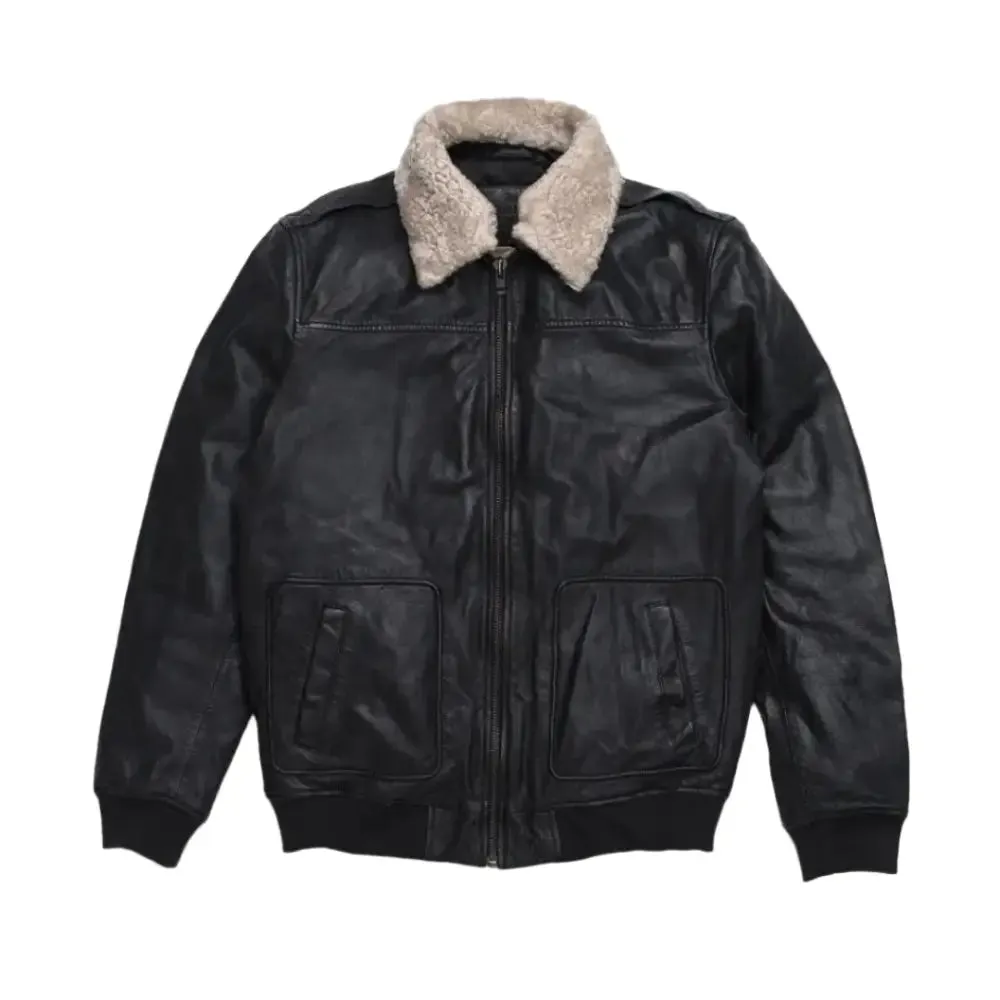 Men's Black Aviator Sheepskin Leather Bomber Jacket - Warm & Stylish