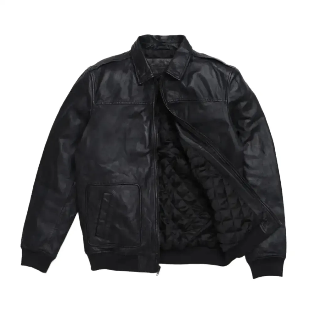 Men's Black Aviator Sheepskin Leather Bomber Jacket - Warm & Stylish
