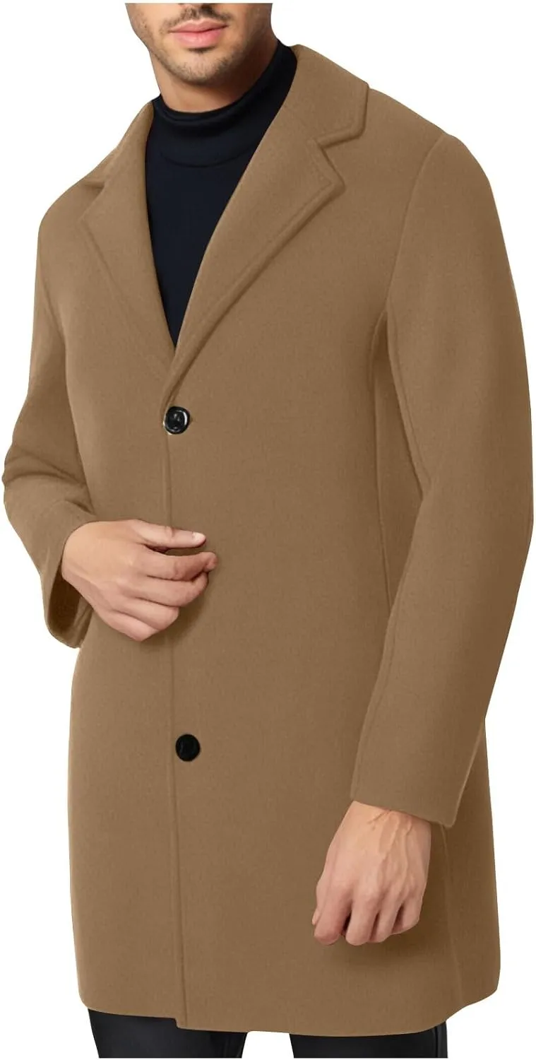 Mens Trench Coat Notched Lapel Collar Single Trench Coat Winter Wool Blend Slim Fit Peacoat Plus Size Overcoat
