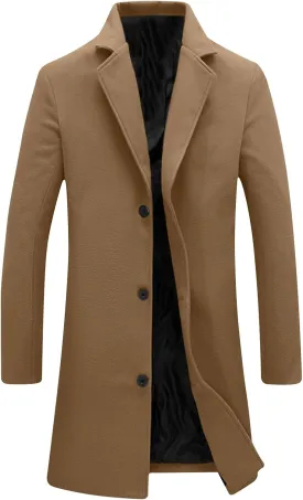 Mens Trench Coat Notched Lapel Collar Single Trench Coat Winter Wool Blend Slim Fit Peacoat Plus Size Overcoat