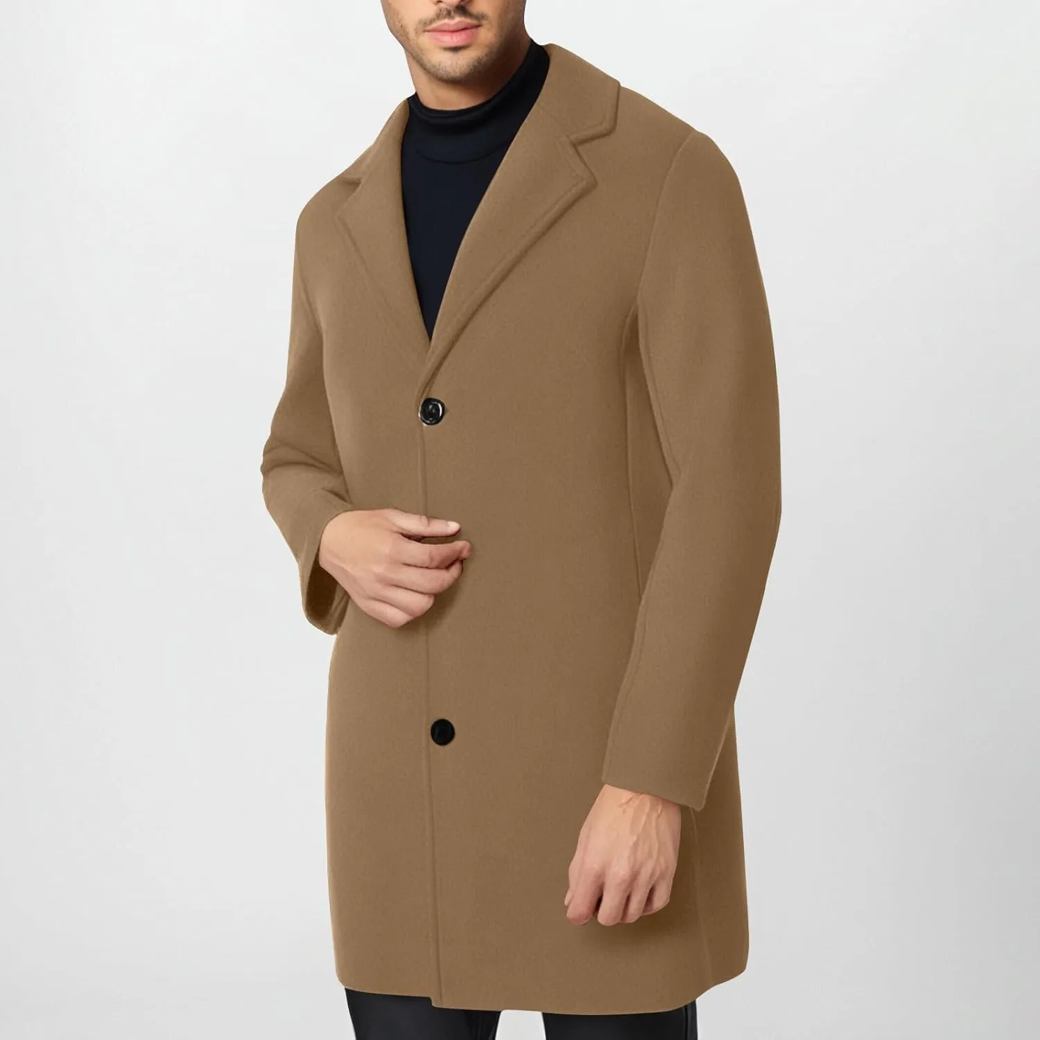 Mens Trench Coat Notched Lapel Collar Single Trench Coat Winter Wool Blend Slim Fit Peacoat Plus Size Overcoat