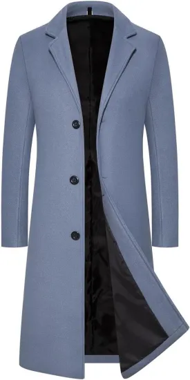 Mens Trench Coat Notched Lapel Pea Coat Winter Slim Fit Single Peacoat Wool Blend Elegant Long Jackets