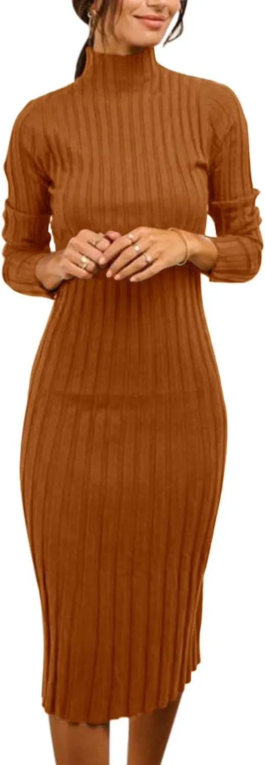 MEROKEETY Women's 2025 Ribbed Long Sleeve Sweater Dress High Neck Slim Fit Knitted Midi Dress