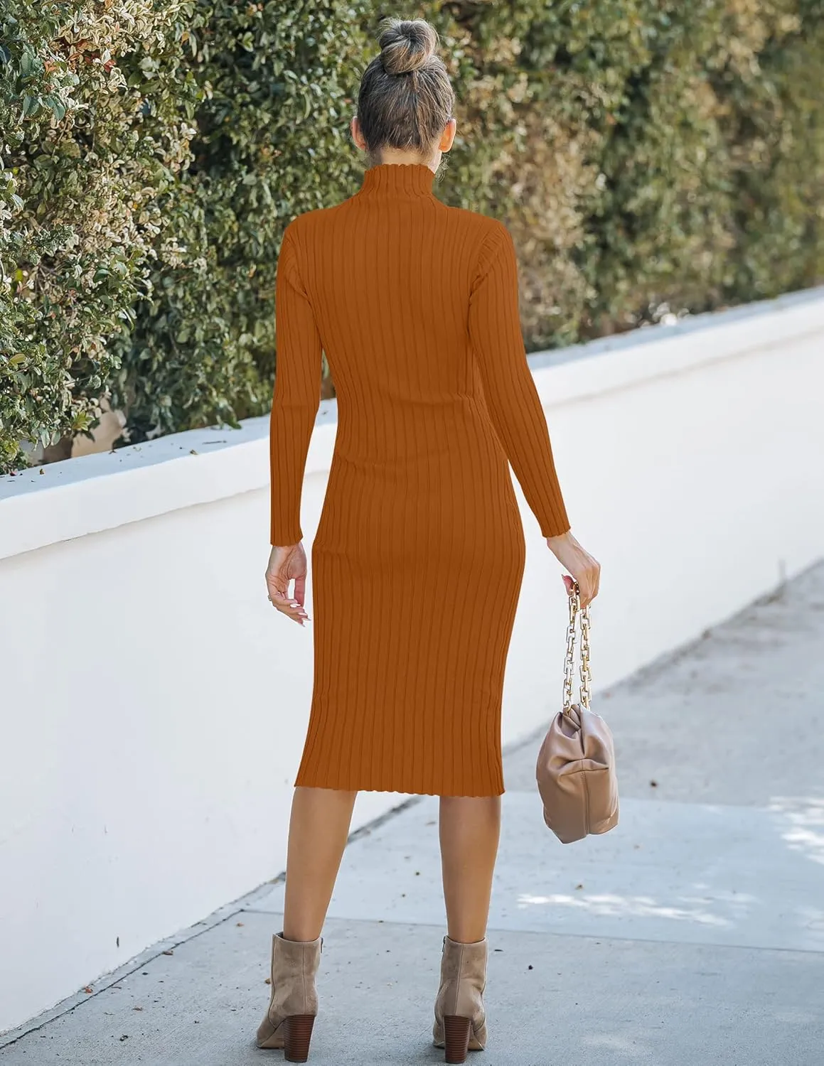 MEROKEETY Women's 2025 Ribbed Long Sleeve Sweater Dress High Neck Slim Fit Knitted Midi Dress