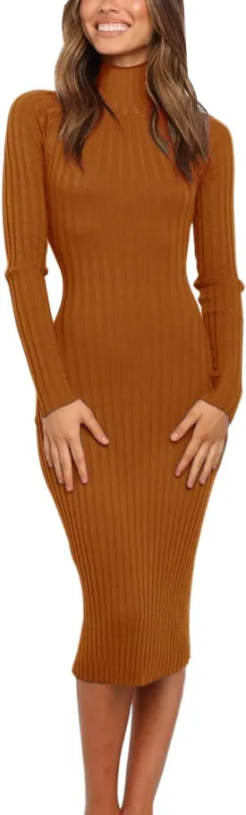 MEROKEETY Women's 2025 Ribbed Long Sleeve Sweater Dress High Neck Slim Fit Knitted Midi Dress