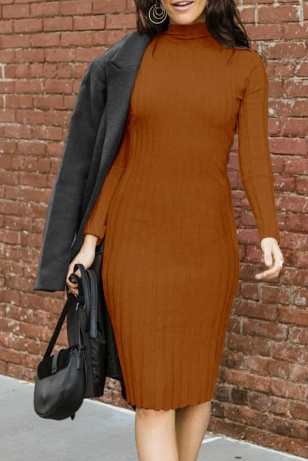 MEROKEETY Women's 2025 Ribbed Long Sleeve Sweater Dress High Neck Slim Fit Knitted Midi Dress