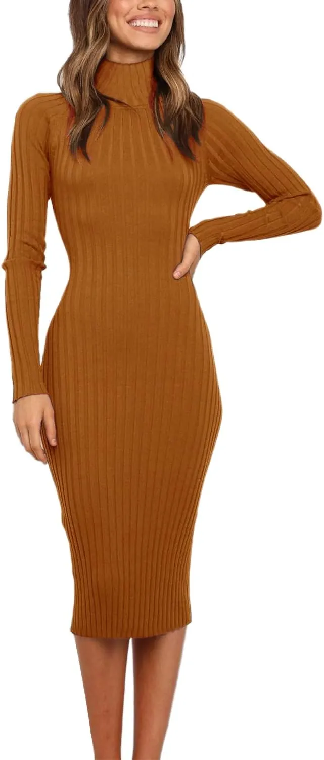 MEROKEETY Women's 2025 Ribbed Long Sleeve Sweater Dress High Neck Slim Fit Knitted Midi Dress