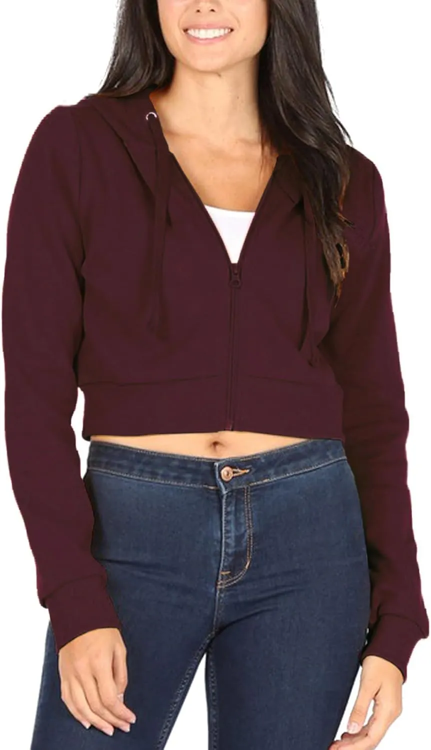 MixMatchy Women's Solid Casual Basic Long Sleeve French Terry Zip Up Crop Hoodie Jacket