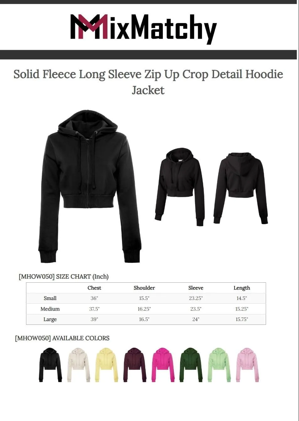 MixMatchy Women's Solid Casual Basic Long Sleeve French Terry Zip Up Crop Hoodie Jacket