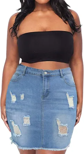 PYL Women Plus Size Distressed Jean Short Denim Skirt, Raw Hem Casual Bodycon