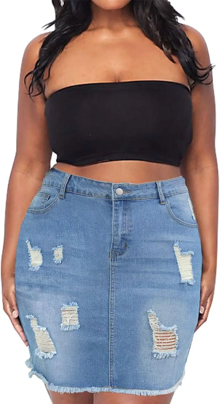 PYL Women Plus Size Distressed Jean Short Denim Skirt, Raw Hem Casual Bodycon