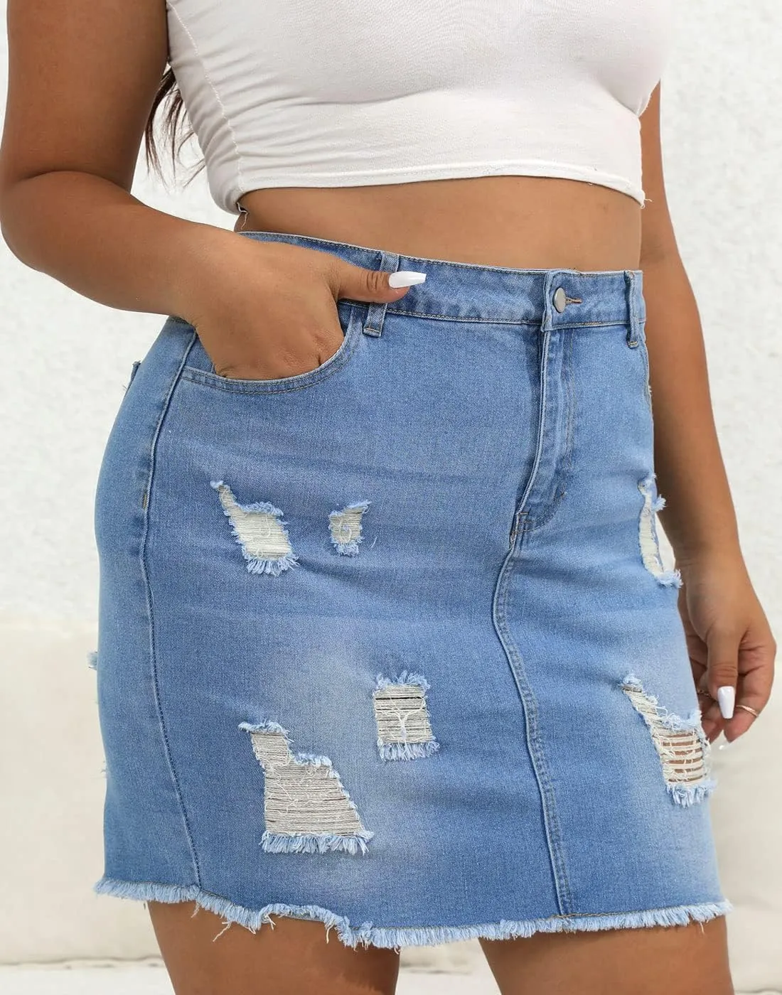 PYL Women Plus Size Distressed Jean Short Denim Skirt, Raw Hem Casual Bodycon