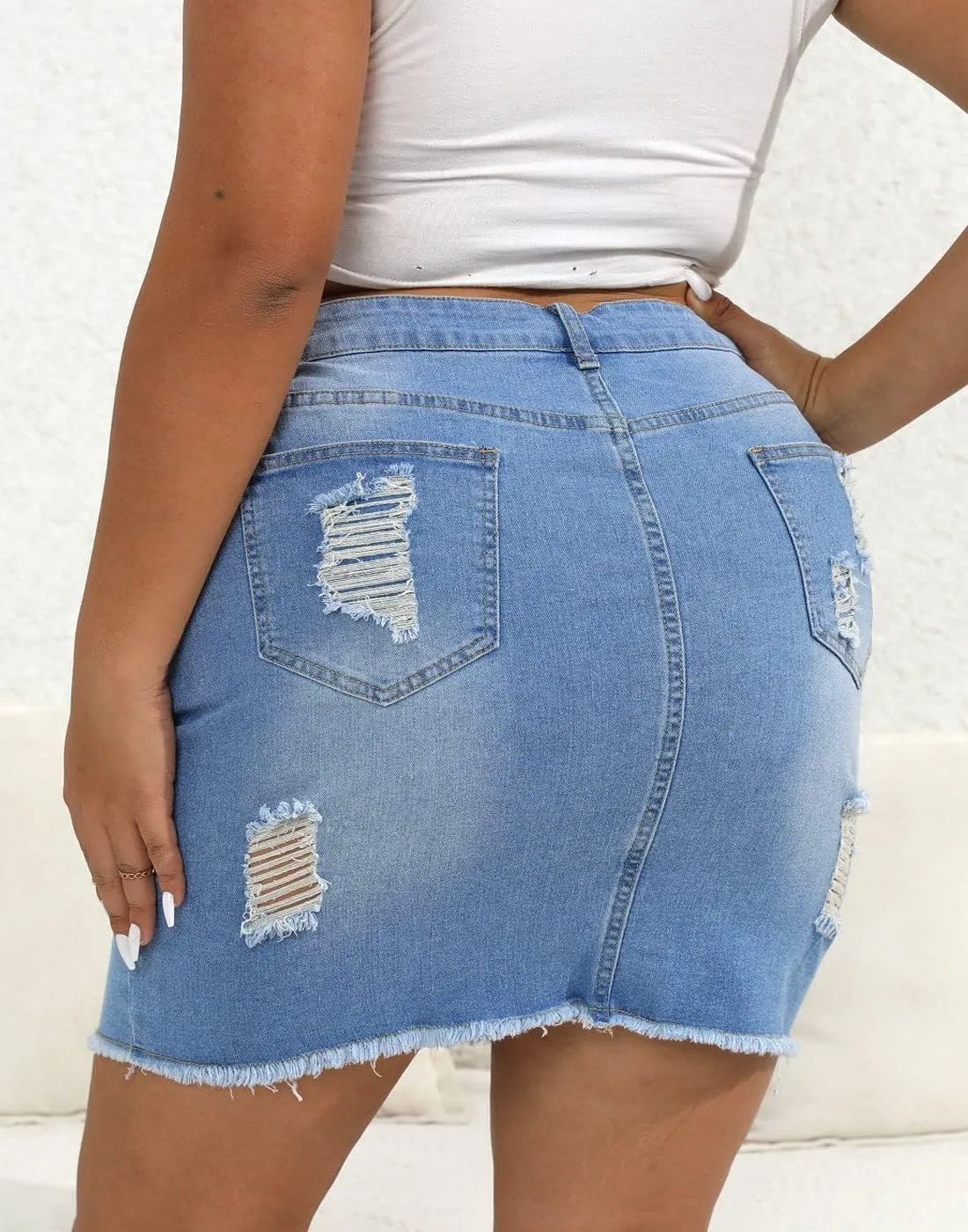 PYL Women Plus Size Distressed Jean Short Denim Skirt, Raw Hem Casual Bodycon
