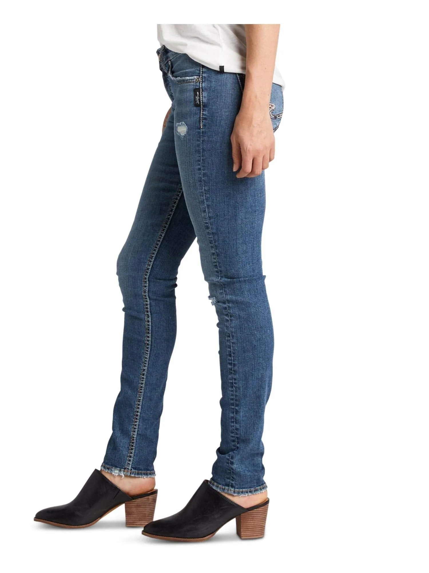 Silver Women's Avery Distressed Indigo 29/29 Curvy High Rise Slim Leg Jeans