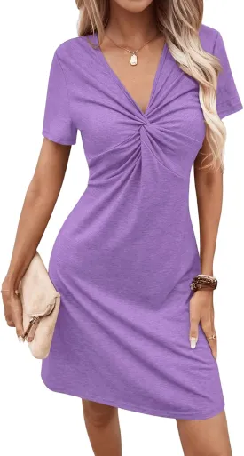 SweatyRocks Women's Casual Short Sleeve V Neck Tee Shirt Dress Twist Front A Line Short Dresses