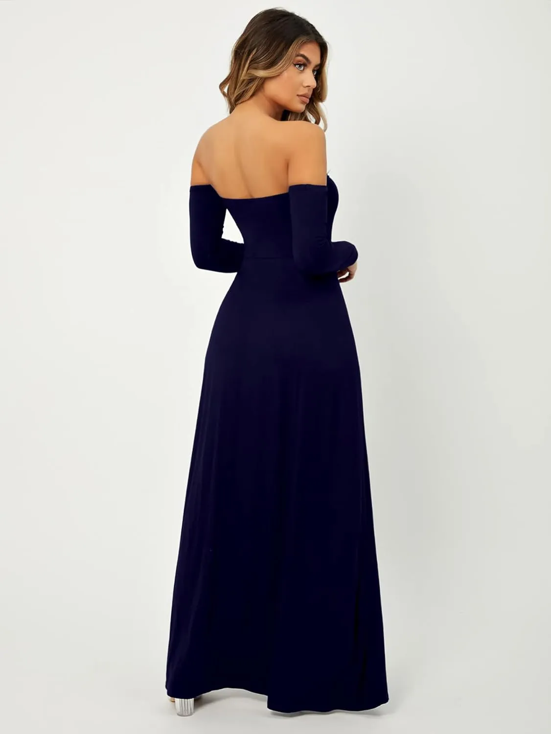 SweatyRocks Women's Elegant Off Shoulder Double High Slit Long Sleeve Dress A Line Maxi Dresses