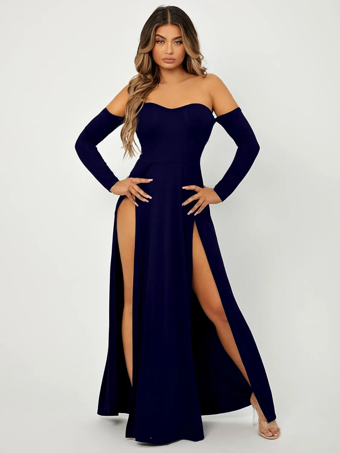 SweatyRocks Women's Elegant Off Shoulder Double High Slit Long Sleeve Dress A Line Maxi Dresses