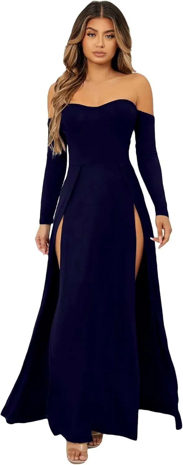 SweatyRocks Women's Elegant Off Shoulder Double High Slit Long Sleeve Dress A Line Maxi Dresses