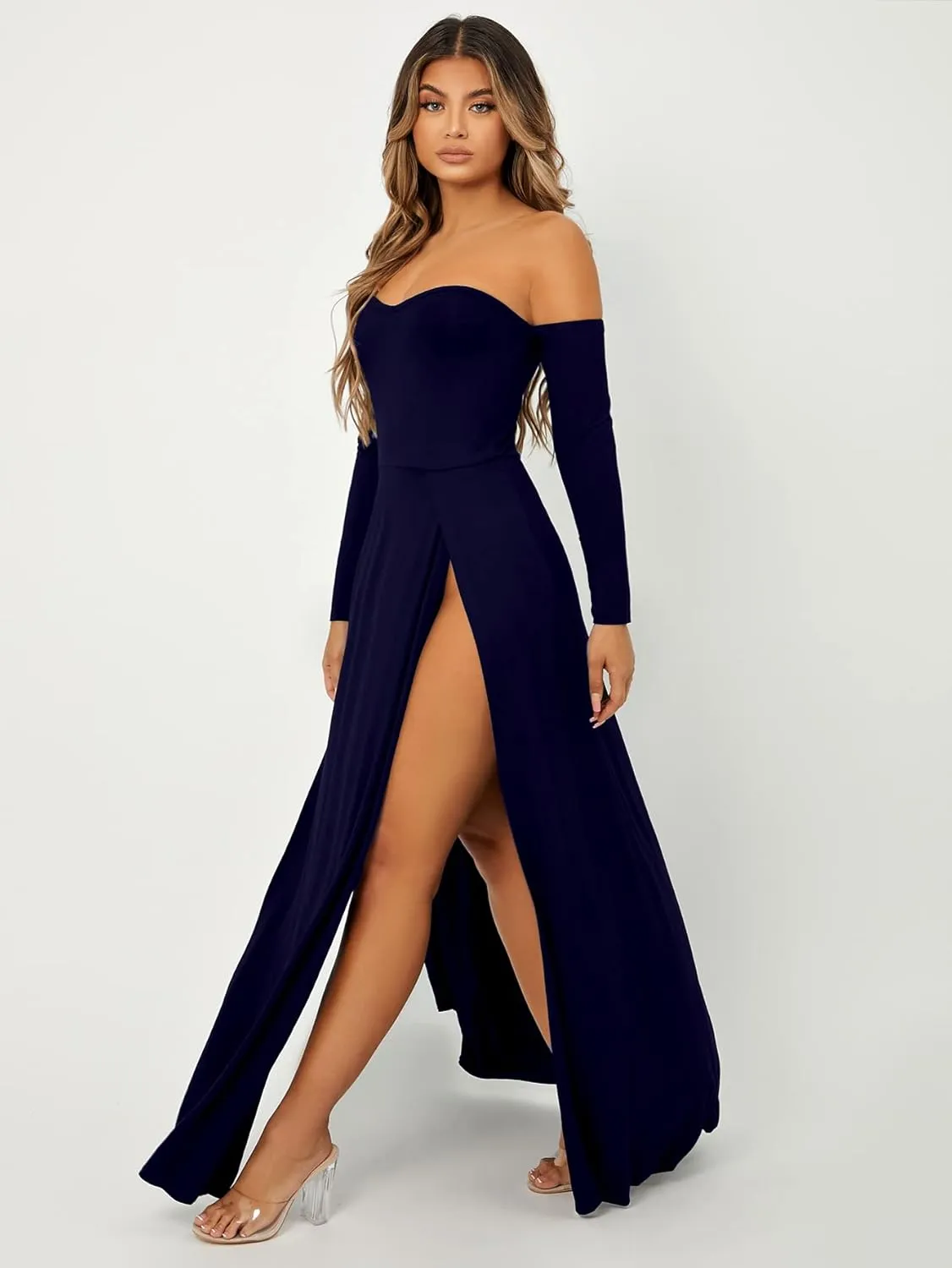 SweatyRocks Women's Elegant Off Shoulder Double High Slit Long Sleeve Dress A Line Maxi Dresses
