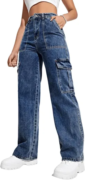 SweatyRocks Women's High Waist Cargo Jeans Flap Pocket Wide Leg Denim Pants