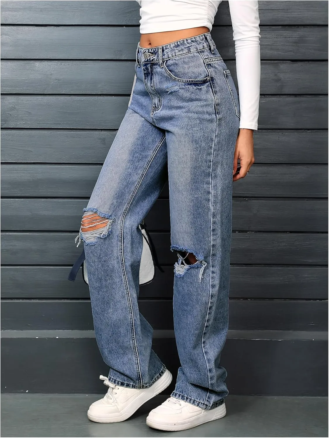 SweatyRocks Women's High Waist Ripped Straight Leg Jeans Boyfriend Style Distressed Denim Pants with Pocket