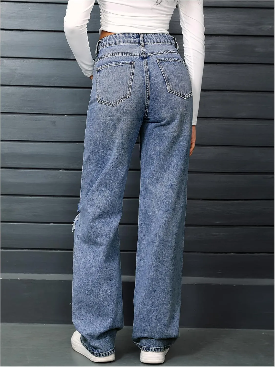 SweatyRocks Women's High Waist Ripped Straight Leg Jeans Boyfriend Style Distressed Denim Pants with Pocket