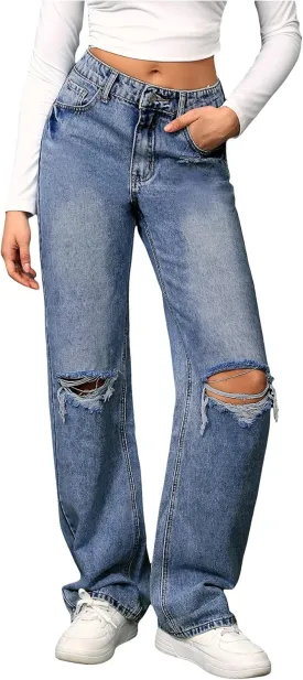 SweatyRocks Women's High Waist Ripped Straight Leg Jeans Boyfriend Style Distressed Denim Pants with Pocket