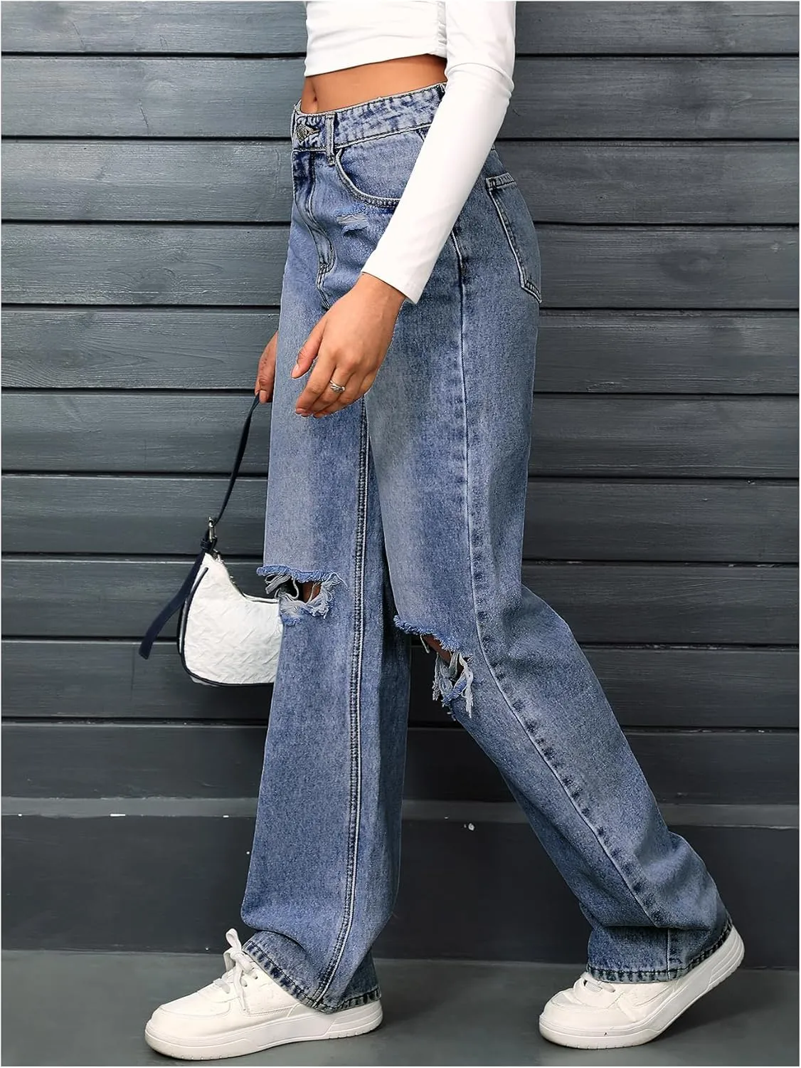 SweatyRocks Women's High Waist Ripped Straight Leg Jeans Boyfriend Style Distressed Denim Pants with Pocket