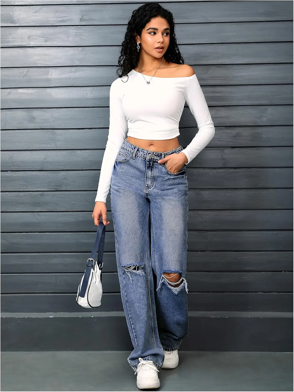 SweatyRocks Women's High Waist Ripped Straight Leg Jeans Boyfriend Style Distressed Denim Pants with Pocket
