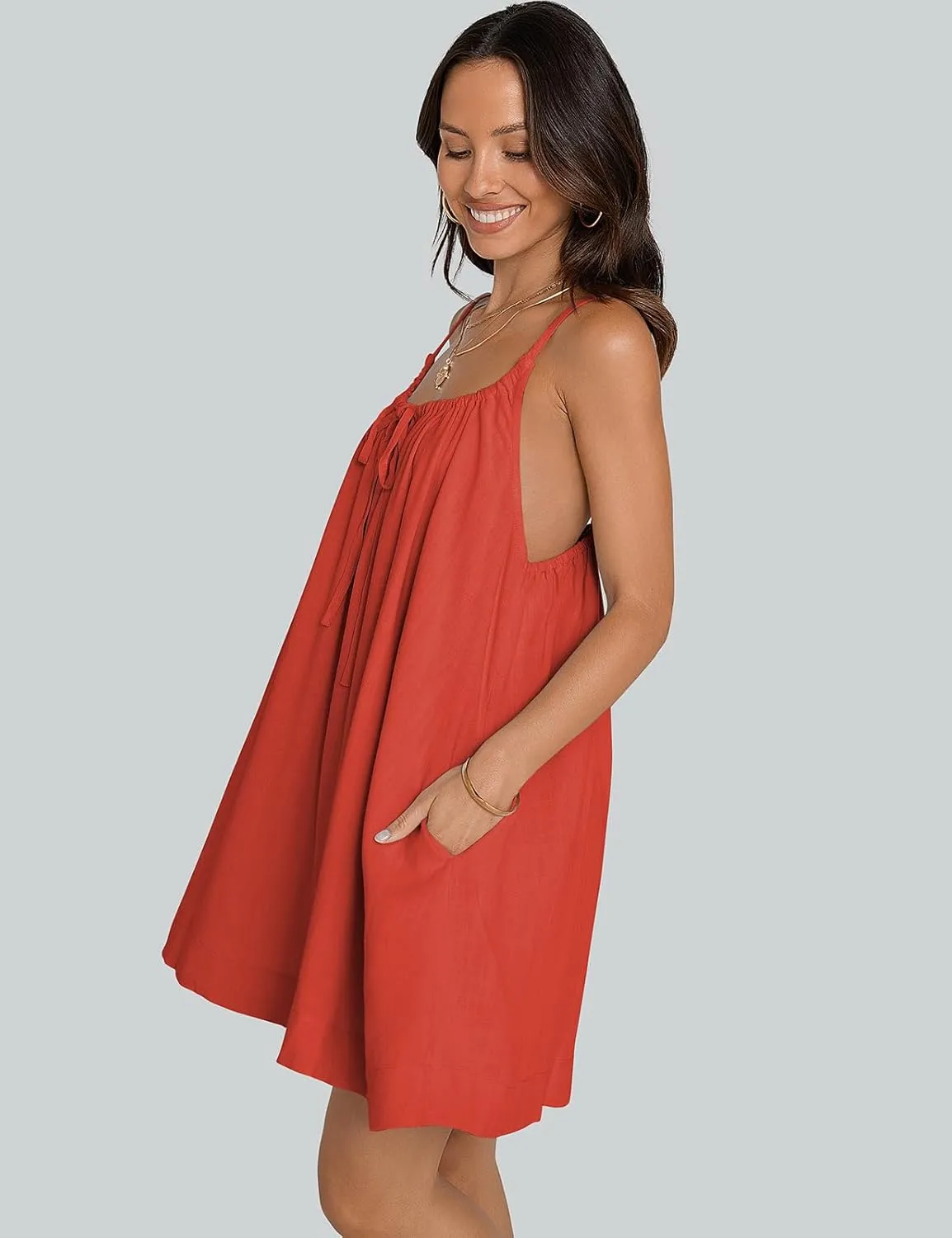 TARSE Womens Linen Mini Dress Summer Sleeveless Backless Loose Short Sundress Casual Flowy Beach Dress with Pockets