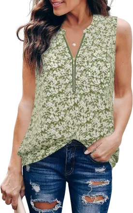 Timeson Women's Casual V Neck Sleeveless Tunics Blouses Chiffon Zipper Tank Tops