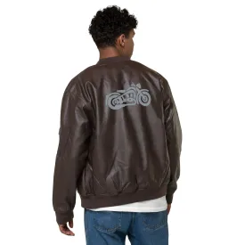 Unisex Leather Bomber Jacket with Embroidered Motorcycles: Timeless Edge