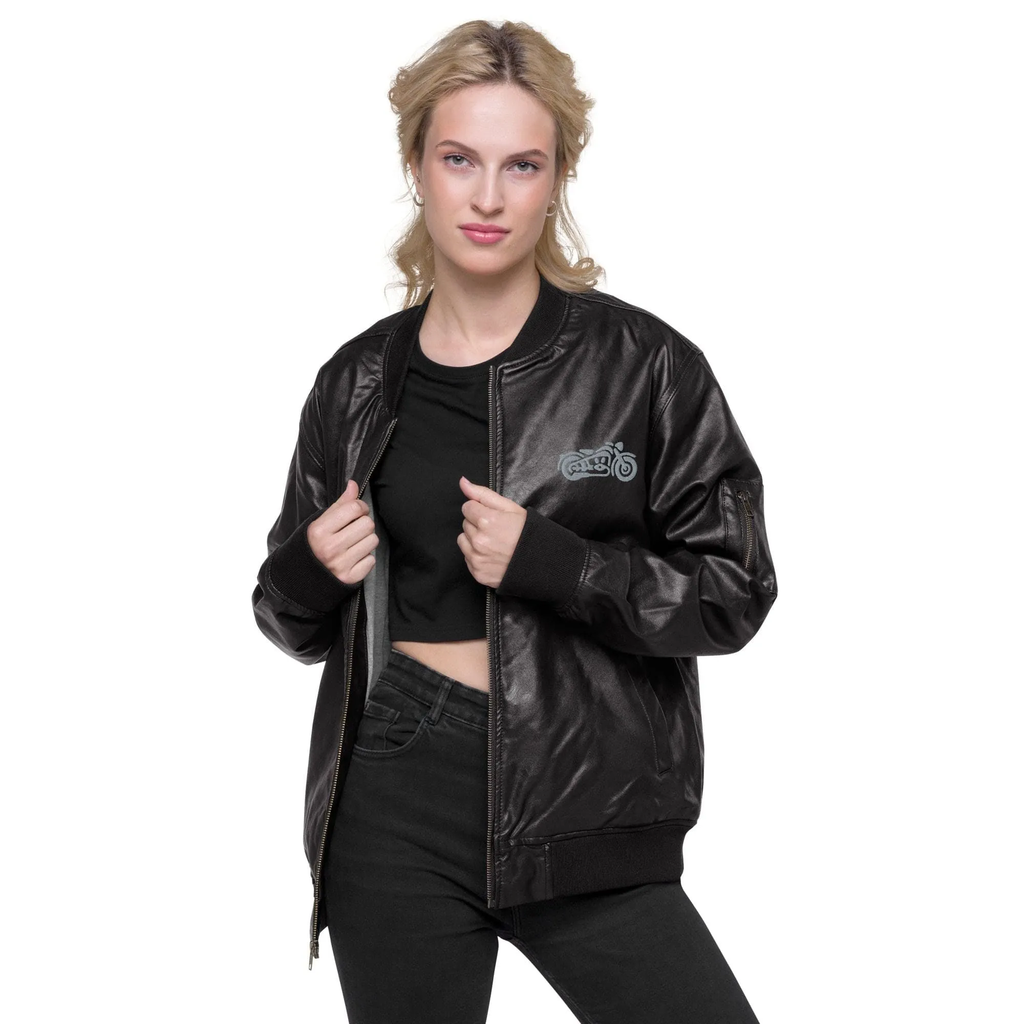 Unisex Leather Bomber Jacket with Embroidered Motorcycles: Timeless Edge