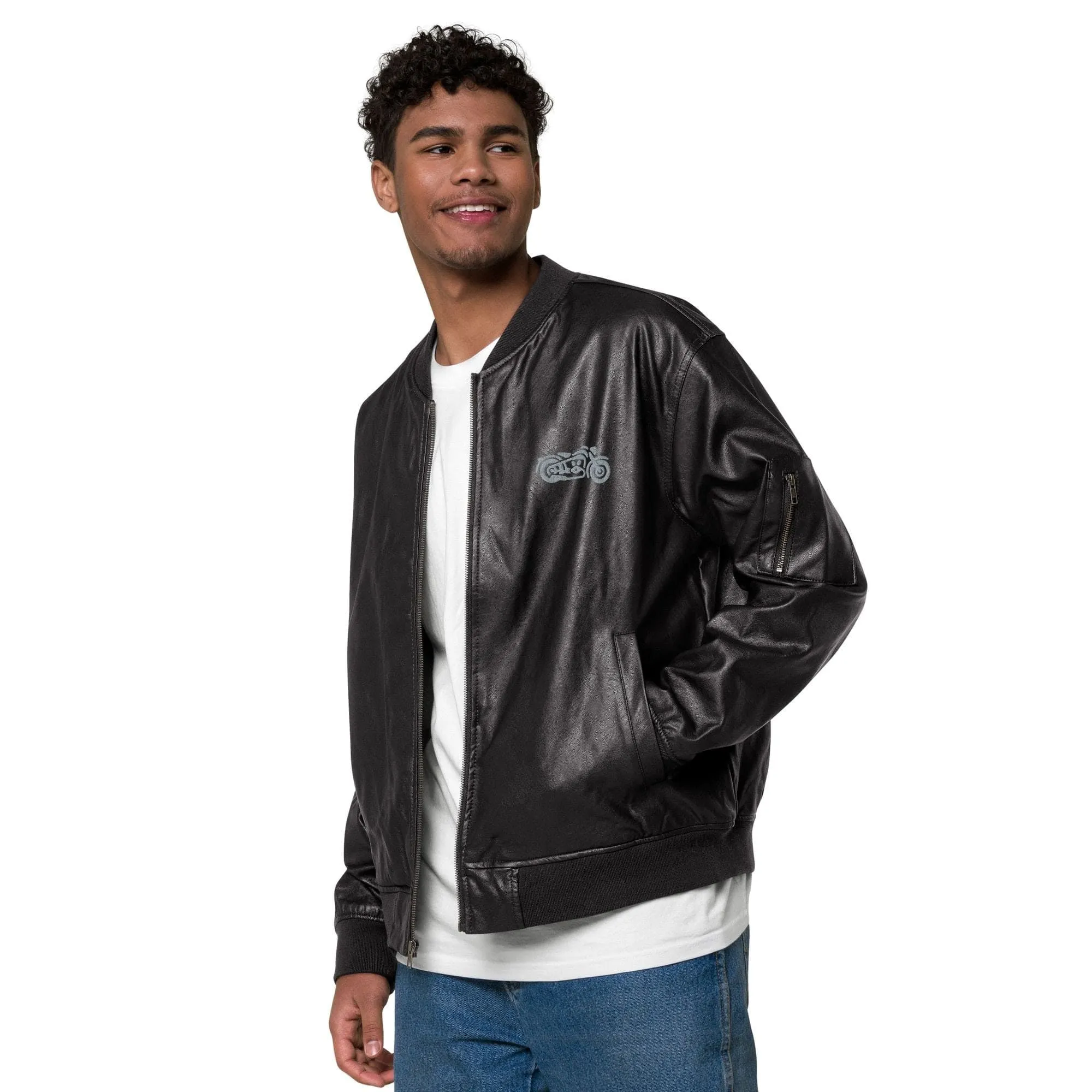 Unisex Leather Bomber Jacket with Embroidered Motorcycles: Timeless Edge