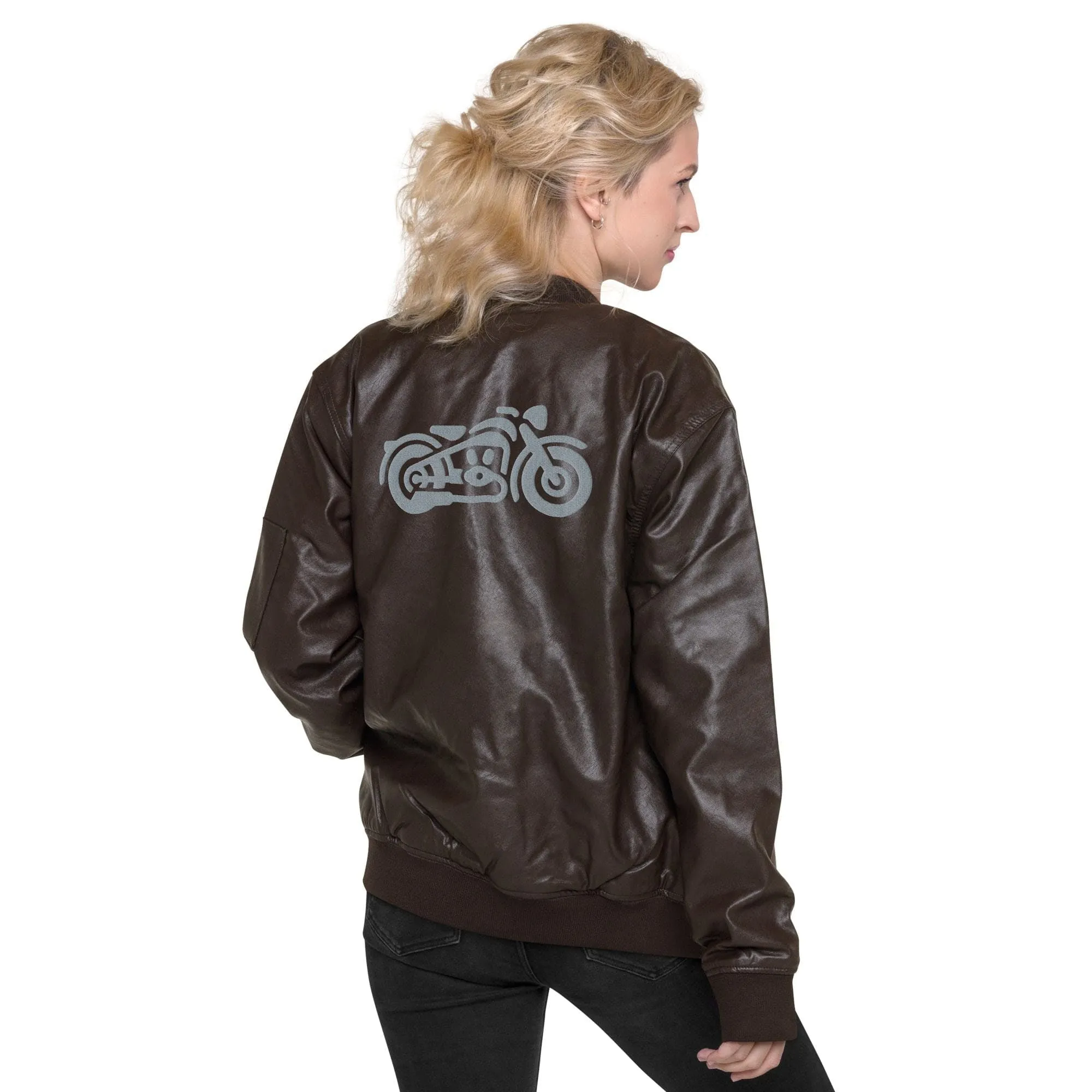 Unisex Leather Bomber Jacket with Embroidered Motorcycles: Timeless Edge