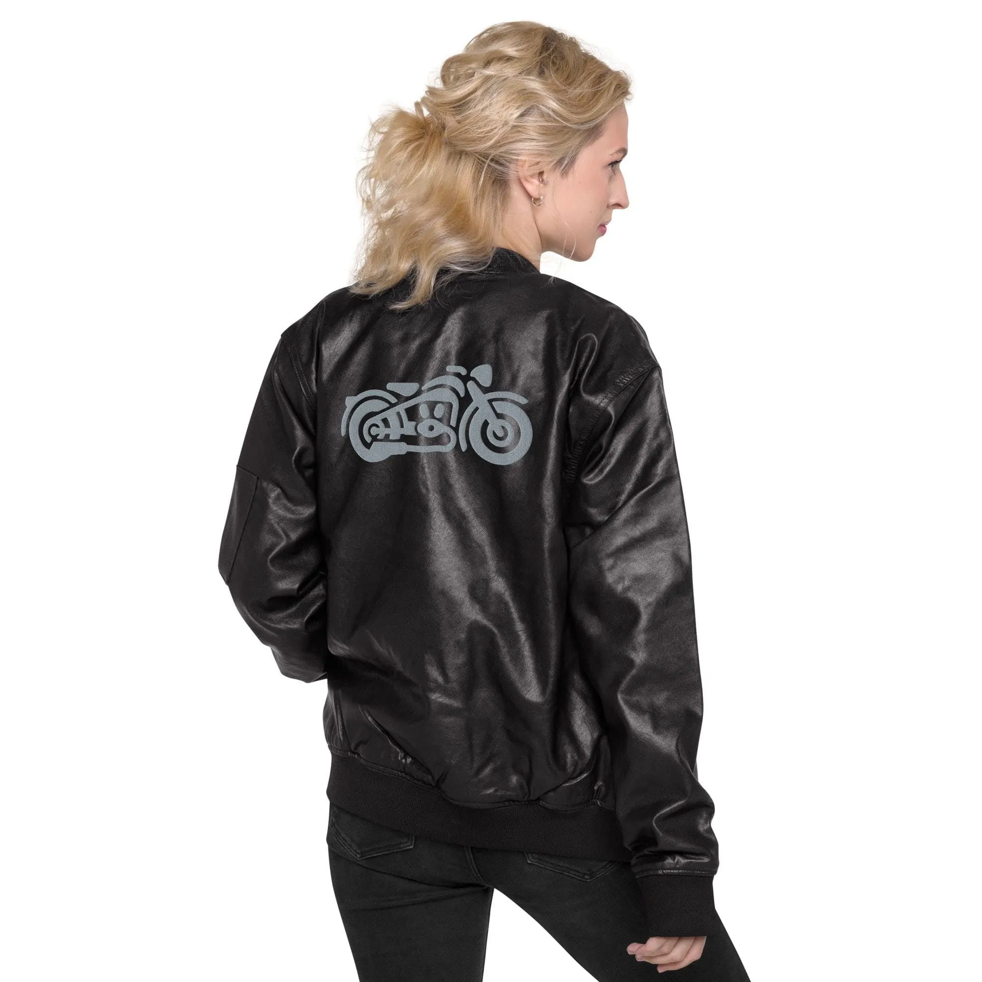 Unisex Leather Bomber Jacket with Embroidered Motorcycles: Timeless Edge