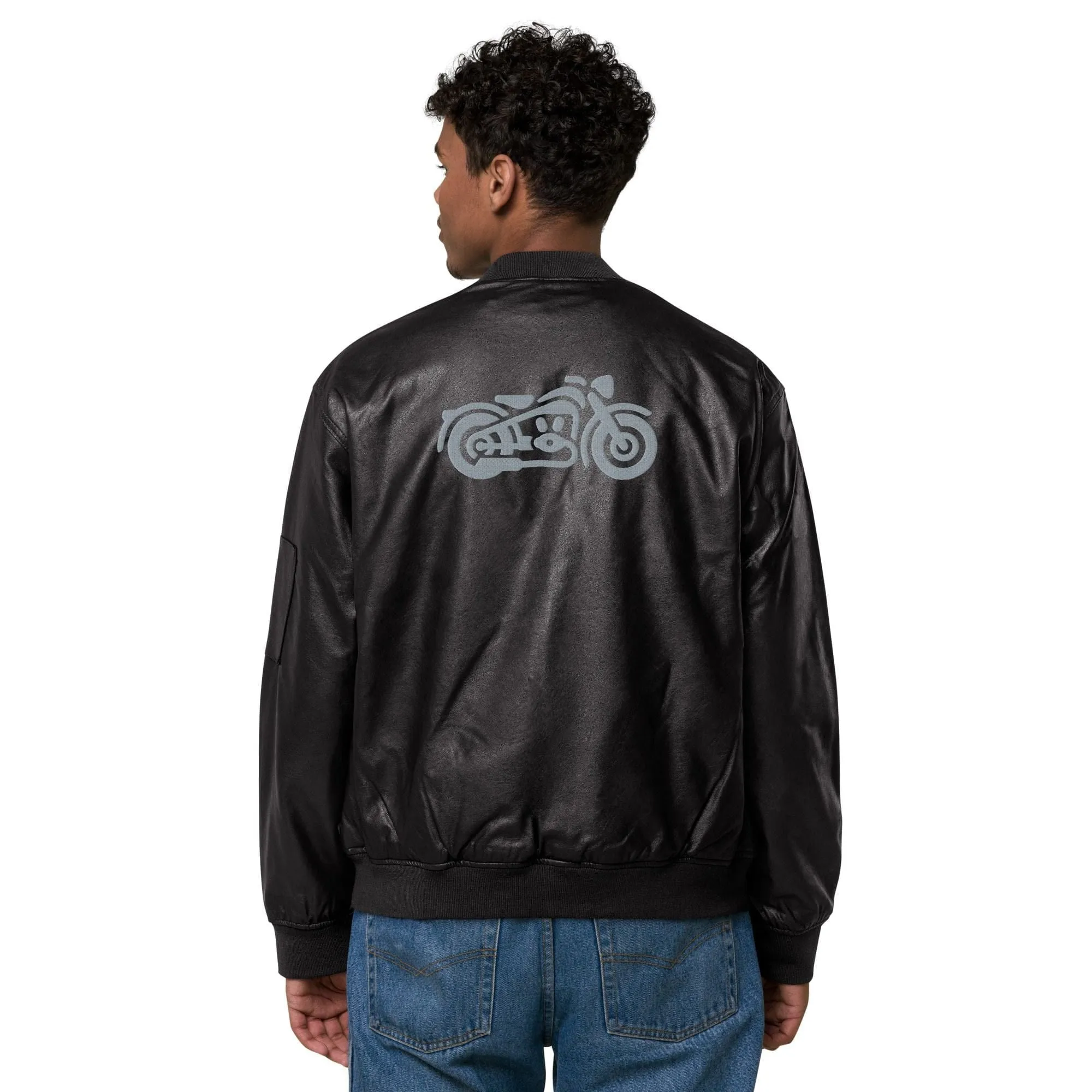 Unisex Leather Bomber Jacket with Embroidered Motorcycles: Timeless Edge