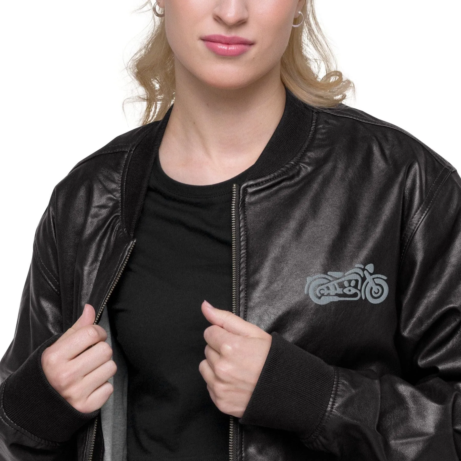 Unisex Leather Bomber Jacket with Embroidered Motorcycles: Timeless Edge