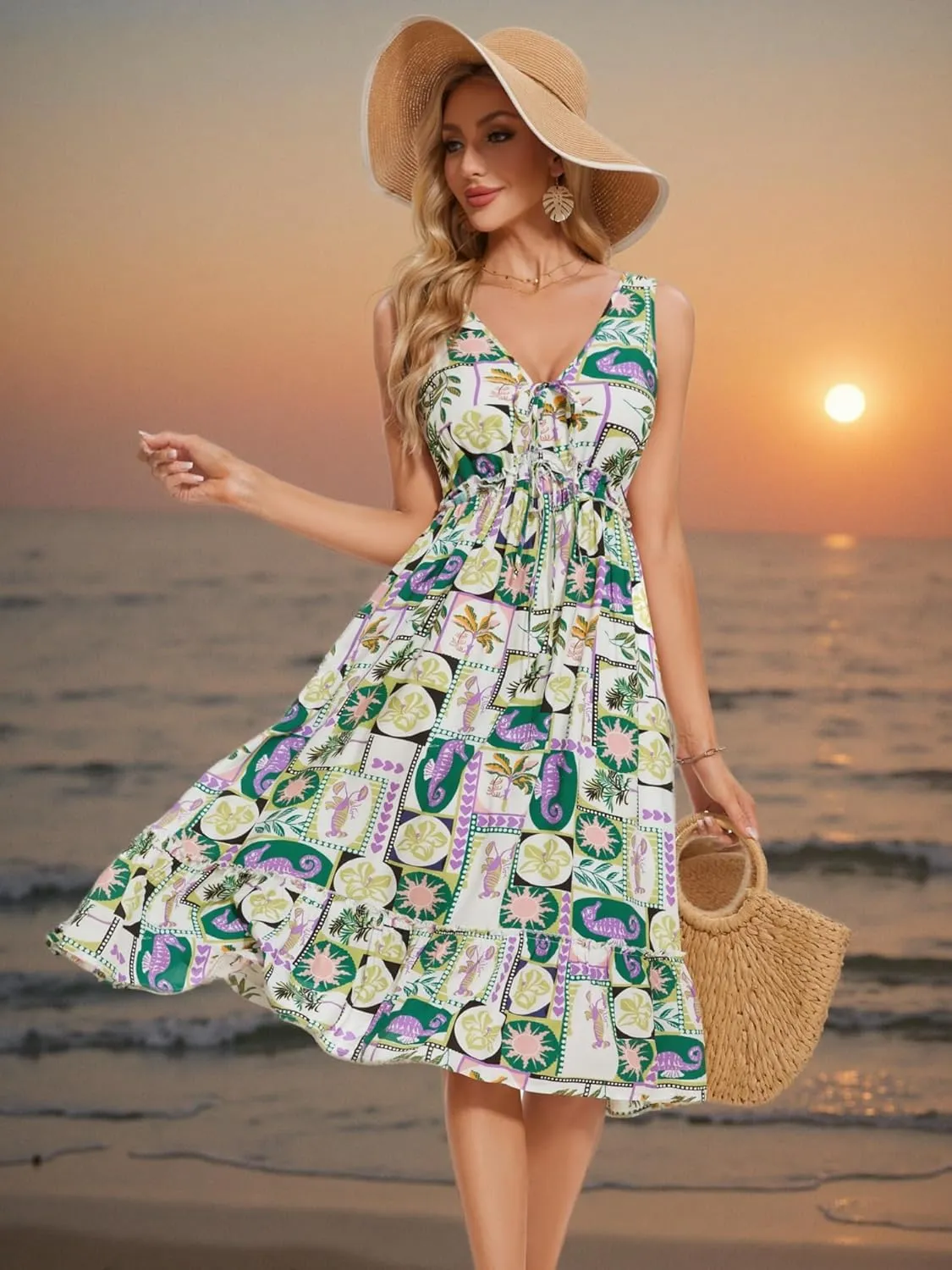 VETIOR Summer Beach Dress 100% Rayon tie Edition Drawstring Waist Somerset Maxi Dress Deep V Neck Backless 2025 with Pockets