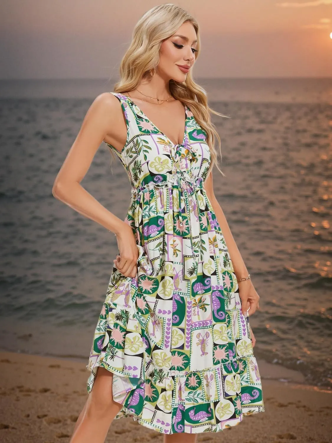 VETIOR Summer Beach Dress 100% Rayon tie Edition Drawstring Waist Somerset Maxi Dress Deep V Neck Backless 2025 with Pockets