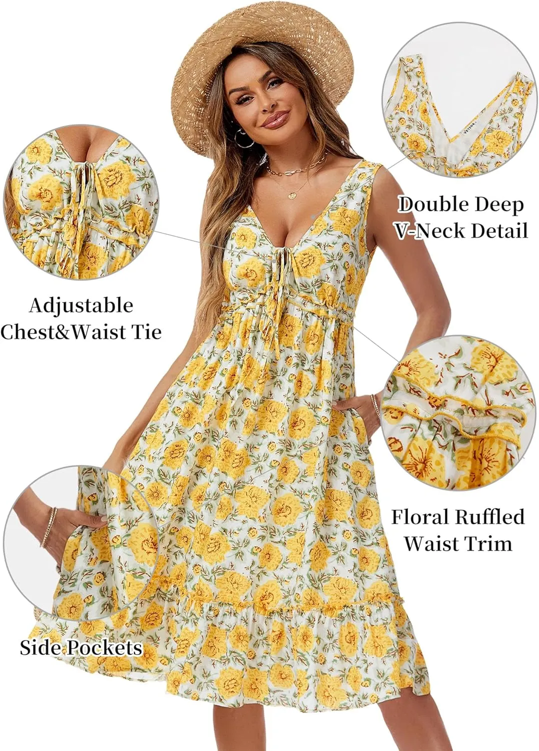 VETIOR Summer Beach Dress 100% Rayon tie Edition Drawstring Waist Somerset Maxi Dress Deep V Neck Backless 2025 with Pockets