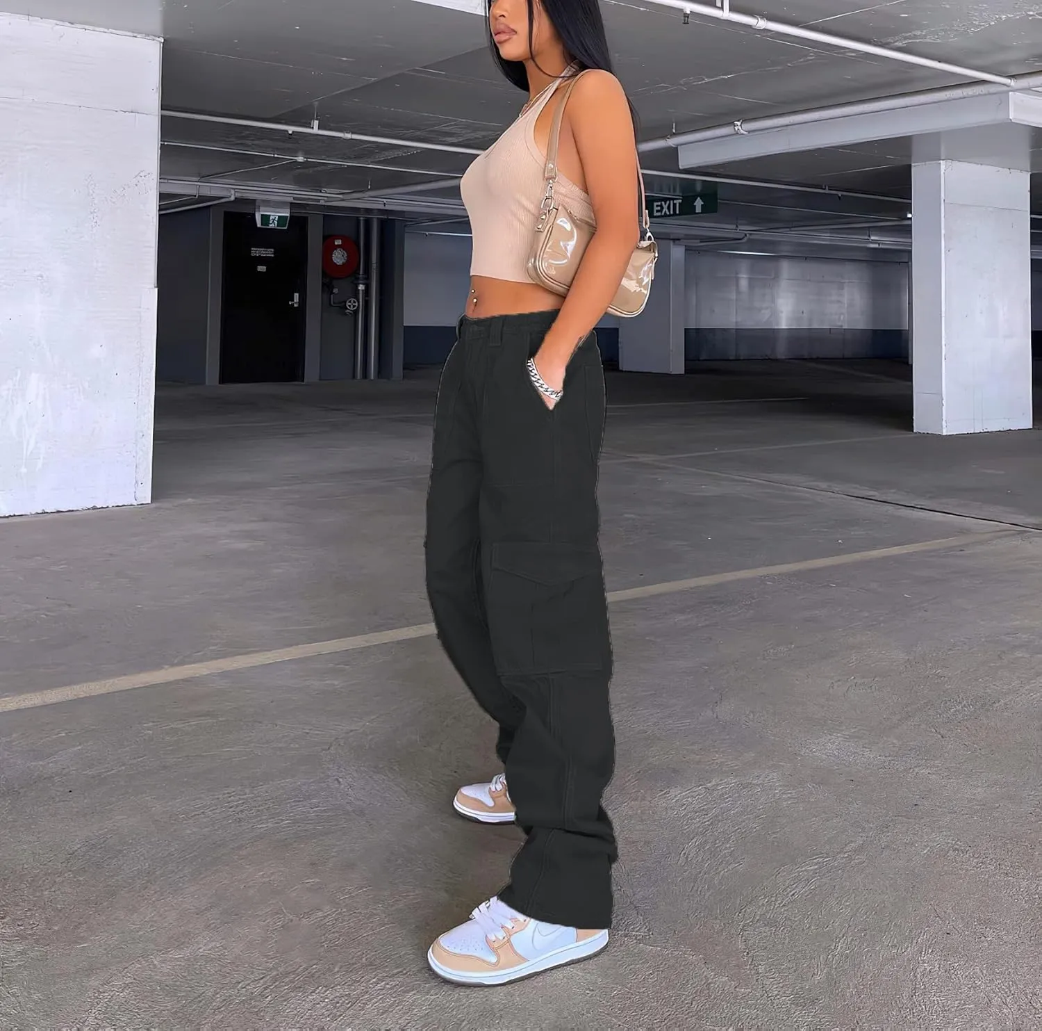 Viatabuna Women's High Waist Straight Leg Y2K Streetwear Cargo Pants Baggy Boyfriend Jeans with Pocket