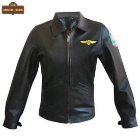 W006 Kelly McGillis Top Gun Black Fashion Real Leather Women's Military Style Jacket