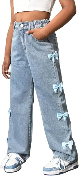 WDIRARA Girl's Cute Bowknot Elastic Waist Jeans High Waisted Straight Leg Denim Pants