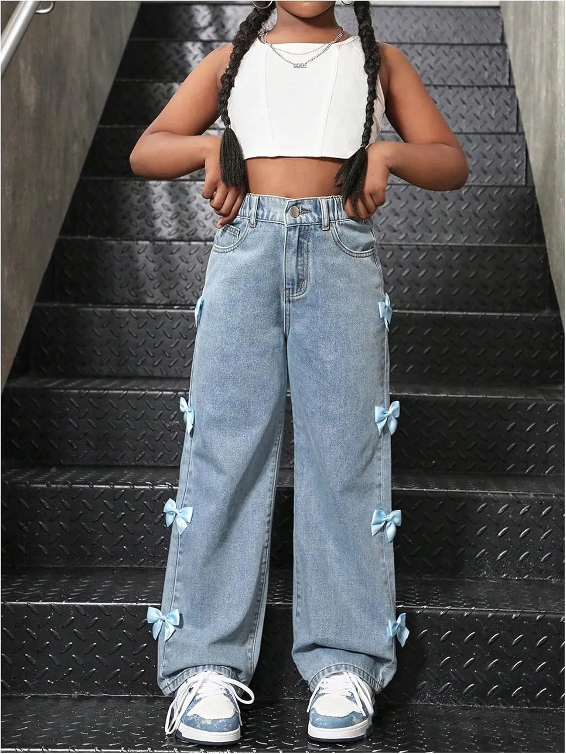 WDIRARA Girl's Cute Bowknot Elastic Waist Jeans High Waisted Straight Leg Denim Pants